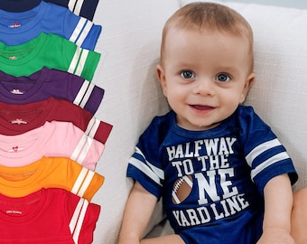 Boys Half Birthday 6 Month | Halfway To The One Yard Line | Football Jersey Outfit Bodysuit | 9 Colors | Free Personalization