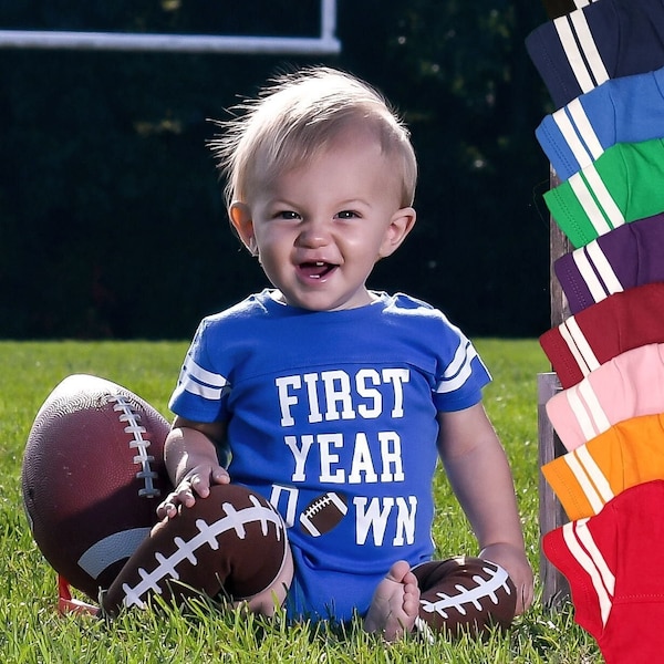 First Birthday Football Uniform Jersey Outfit Banner Leg Warmers Set | First Year Down | 9 Colors