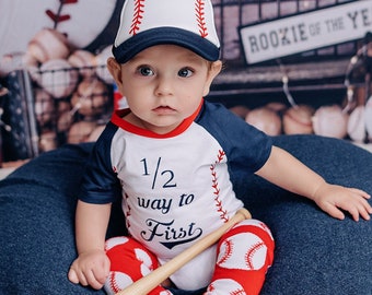 Half Way To First Half Birthday Personalized Baseball Outfit Infant Bodysuit Set Half Way To One