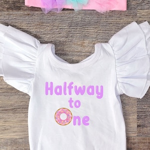 Girls Half Way To Sweet One Donut 1/2 Birthday Flutter Sleeve Outfit | Girl 1/2 Birthday | Girls donut half birthday shirt