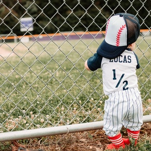 Halfway To First 6 Months Half Halfway Birthday Personalized Baseball Navy Blue Pants Red Socks Cake Smash Outfit Bodysuit Set 1/2 Way