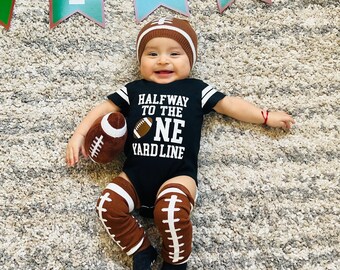 Boys Half Birthday 6 Month | Halfway To The One Yard Line | Football Jersey Outfit Bodysuit | 9 Colors | Free Personalization