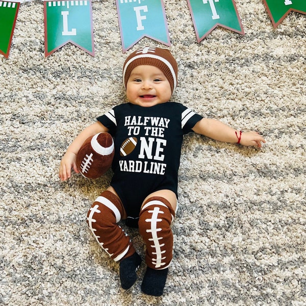 Boys Half Birthday 6 Month | Halfway To The One Yard Line | Football Jersey Outfit Bodysuit | 9 Colors | Free Personalization