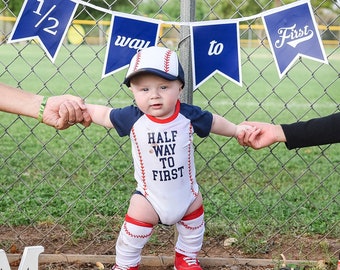 Boys Half Birthday Personalized Baseball Boys Outfit Infant Bodysuit Set 1/2 Way To First®