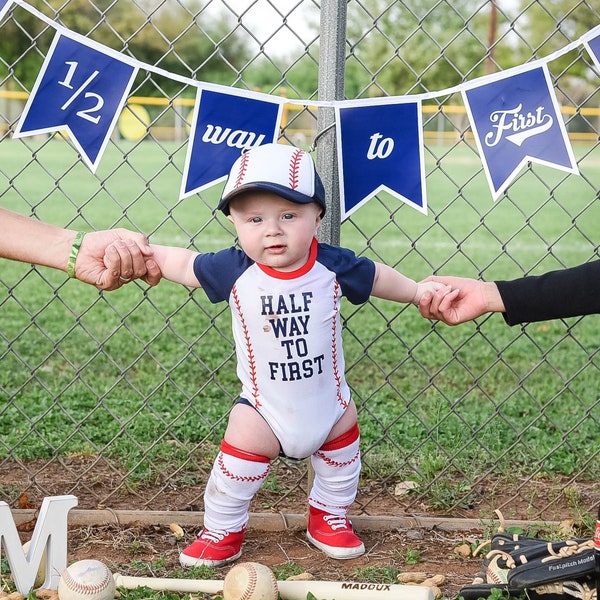 Boys Half Birthday Personalized Baseball Boys Outfit Infant Bodysuit Set 1/2 Way To First®