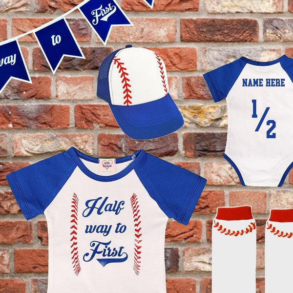 Halfway 1/2 Way To First® 6 Months Half Birthday Personalized Baseball Outfit Infant Bodysuit Set #halfwaytofirst