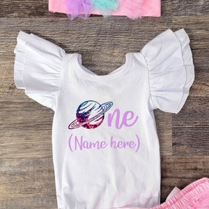 Space First Birthday for Baby Girl Flutter Sleeve Bodysuit | Brilliant Glitter Saturn | Space Cake Smash 1st Birthday Personalized Shirt