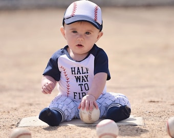 Personalized 1/2 Half Way To First® 6 Months Halfway Birthday Navy Blue Pinstripe Pants Outfit Baseball Infant Bodysuit Set