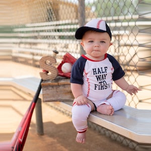 Halfway To First Half Birthday Personalized Baseball Boys Outfit Infant Bodysuit Set 1/2 Way To First® #halfwaytofirst 6‑month milestone