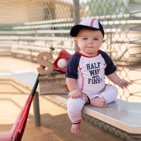 Personalized Boys 6 Month Half Birthday Baseball Outfit "Half Way to First" Custom Name