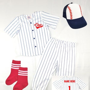 Personalized First Birthday Jersey ONE Navy Blue Pinstripe Pants Outfit Baseball Infant Set