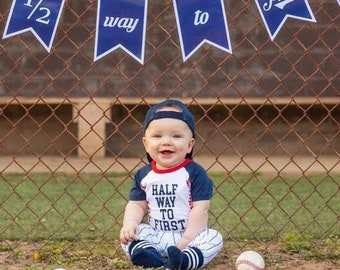 1/2 Way To First® 6 Months Half Halfway Birthday Personalized Baseball Navy Blue Pinstripe Pants Cake Smash Outfit Infant Bodysuit Set