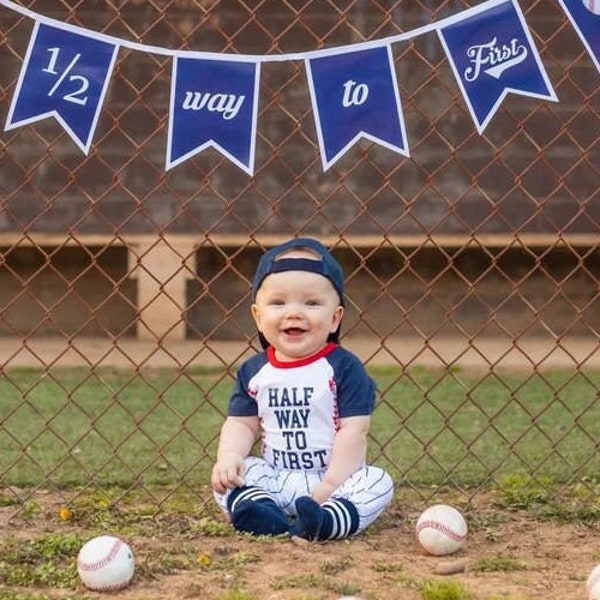 1/2 Way To First® 6 Months Half Halfway Birthday Personalized Baseball Navy Blue Pinstripe Pants Cake Smash Outfit Infant Bodysuit Set