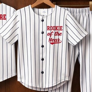 Rookie of the Year 1st Birthday Outfit – Baseball Jersey, Pinstripe Pants, Hat, Socks
