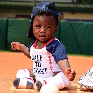 Personalized Boys Half Birthday Baseball Boys Outfit Infant Bodysuit Set 1/2 Way To First®