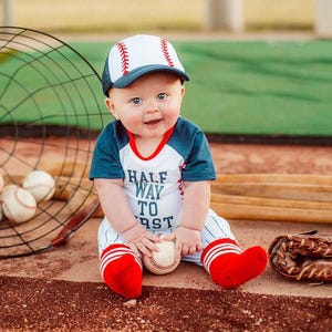 Boys Half Birthday Baseball Bodysuit Set: 6 Month Cake Smash Outfit