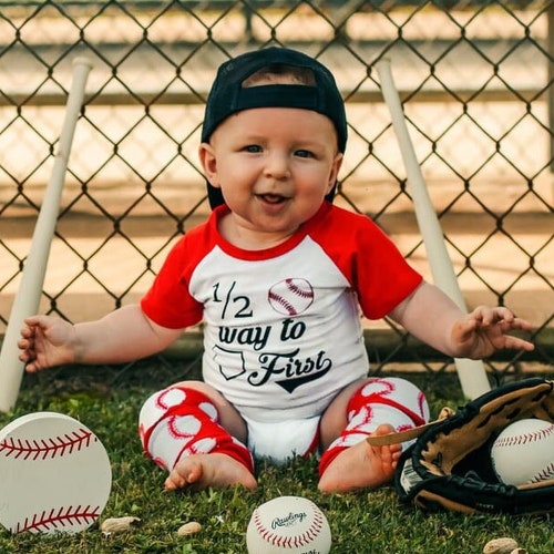 Six Months Milestone Baseball Baby Bodysuit Custom Half Birthday First Bday 