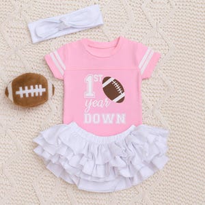 First Year Down Girls First Birthday Personalized Football Jersey Outfit 1st Birthday Bodysuit 9 Colors Cake Smash Outfit