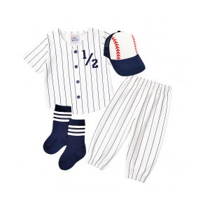 Halfway To First Personalized Jersey 6 Months Halfway Birthday Navy Blue Pinstripe Pants Outfit Baseball Infant Set
