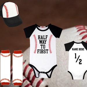 Halfway To First Personalized Half Birthday Baseball Outfit Infant Black Bodysuit Set Halfway 1/2 Way To First®