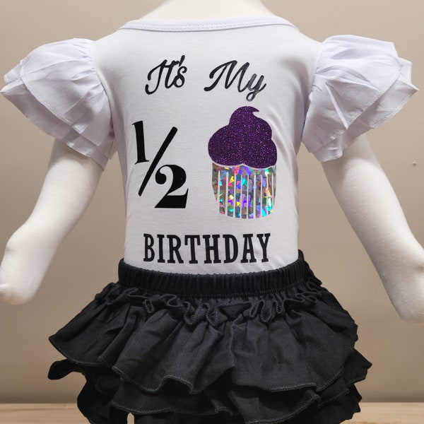 Glitter Cupcake Half Birthday Bodysuit Bloomers Headband Set