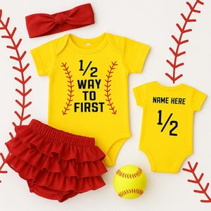 Conjunto de camiseta y mono personalizado para primer cumpleaños de softbol para niñas #halfwaytofirst