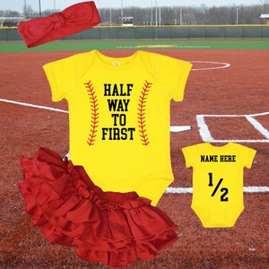 1/2 Way To First® Softball Half Birthday Personalized Bodysuit Girls Outfit Infant Shirt Set #halfwaytofirst