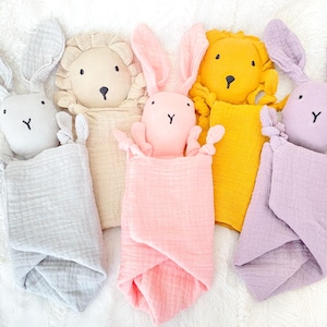 Animal Lovey Security Blanket – Ultra-Soft Muslin Baby Comforter Bunny & Lion Designs 11 x 11 inches