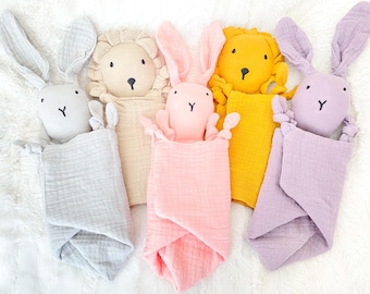 Muslin Baby Lovey: Bunny & Lion Security Blanket 11x11