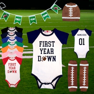 First Year Down Football Baby Bodysuit | Cake Smash Outfit | 1st First Birthday | Complete Photo Shoot | Jersey Hat Leg Warmers Banner Set
