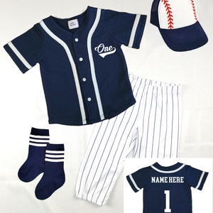 Custom Baseball Jersey | Navy Jersey Navy Pinstripe Pants Uniform | Choose Name & Number | First Birthday | ONE