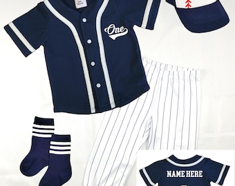 Custom First Birthday Baseball Jersey: Navy Pinstripe Uniform