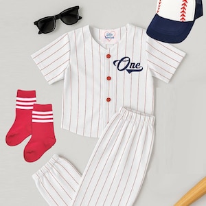 First Birthday Personalized  Jersey ONE Red Pinstripe Pants Outfit Baseball Infant Set