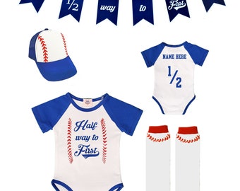 Halfway 1/2 Way To First® 6 Months Half Birthday Personalized Baseball Outfit Infant Bodysuit Set | New Color For 2022