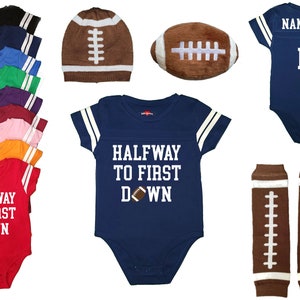 Boys Half Birthday 6 Month | Halfway To First Down | Football Jersey Outfit Bodysuit | 9 Colors | Free Personalization