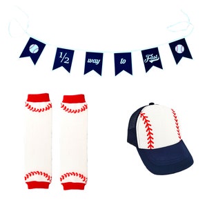 Infant Baseball Stitch Design Hat Cap | Banner | Leg Warmers | Halfway To First
