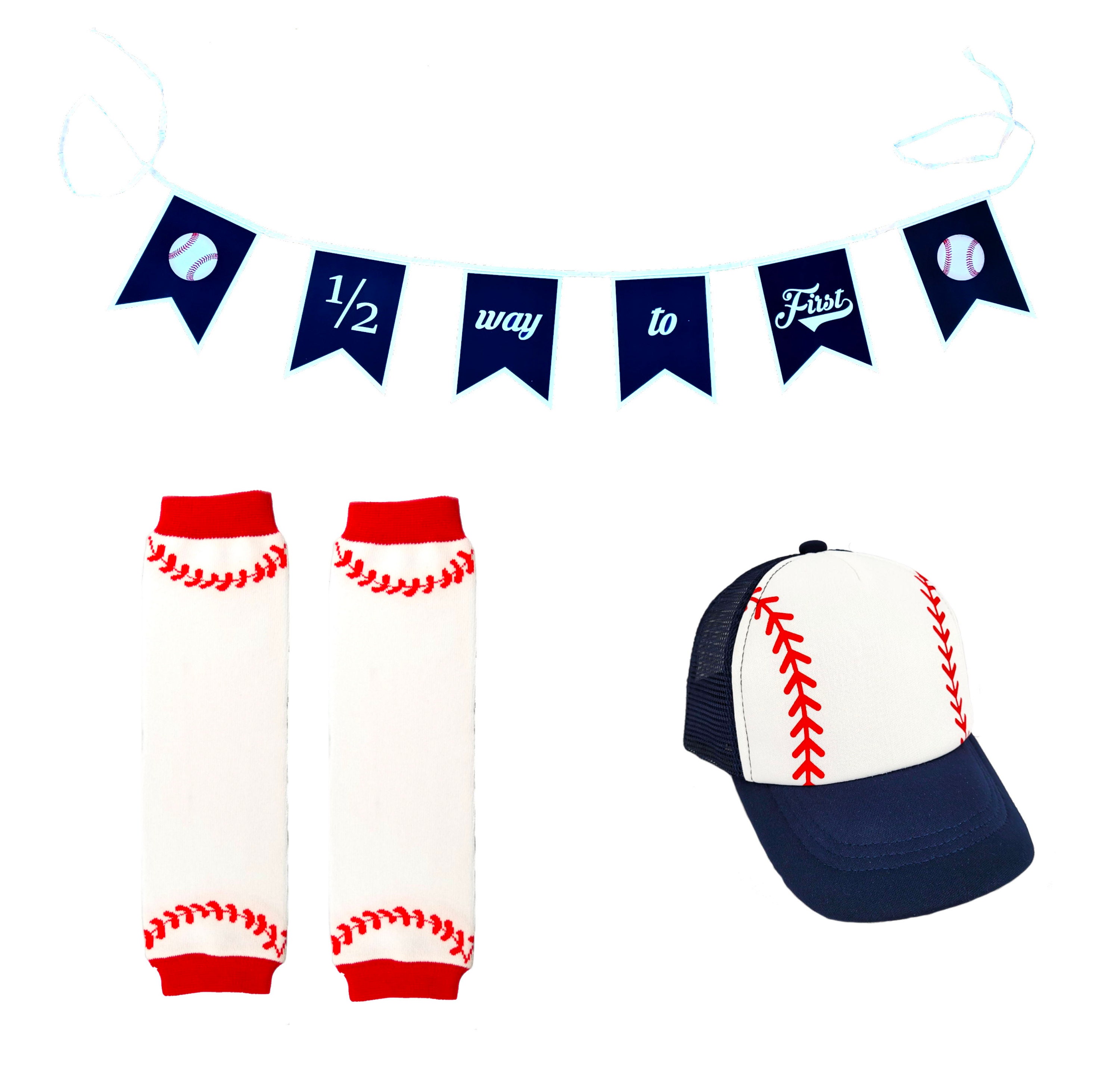 Infant Baseball Stitch Design Hat Cap | Banner | Leg Warmers | Halfway To First