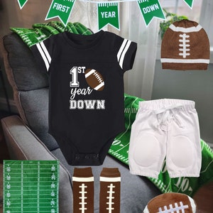 Personalized Birthday Football Uniform Jersey Outfit Banner Leg Warmers Set | 9 Colors | 1st Year Down