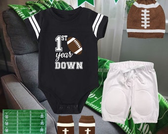 Personalized Birthday Football Uniform Jersey Outfit Banner Leg Warmers Set | 9 Colors | 1st Year Down