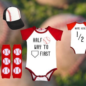 Halfway To First 1/2 way to first® | six month birthday | HALF | halfway to one | black baseball outfit | halfway to first®