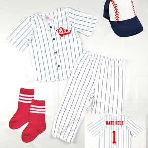 First Birthday Personalized  Jersey ONE Navy Blue Pinstripe Pants Outfit Baseball Infant Set