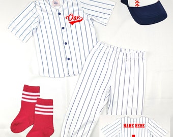 First Birthday Personalized  Jersey ONE Navy Blue Pinstripe Pants Outfit Baseball Infant Set