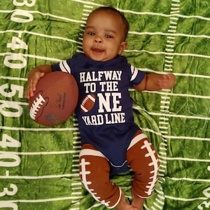 Boys Half Birthday 6 Month | Halfway To The One Yard Line | Football Jersey Outfit Bodysuit | 9 Colors | Free Personalization