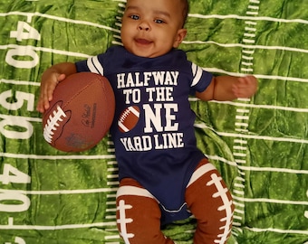 Boys Half Birthday 6 Month | Halfway To The One Yard Line | Football Jersey Outfit Bodysuit | 9 Colors | Free Personalization