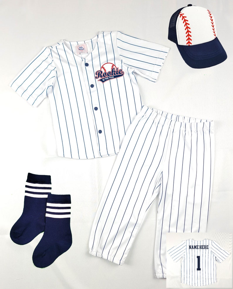 Personalized Rookie Of The Year Baseball Cake Smash Jersey Navy Blue Pinstripes Choose Name And Number Pinstripe Baby Baseball Jersey image 1