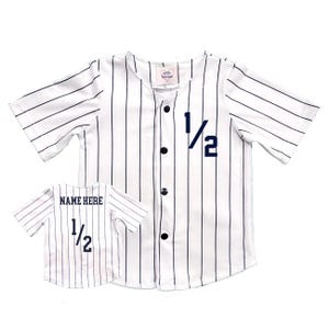 Halfway To First Personalized Jersey 6 Months Halfway Birthday Navy Blue Pinstripe Pants Outfit Baseball Infant Set