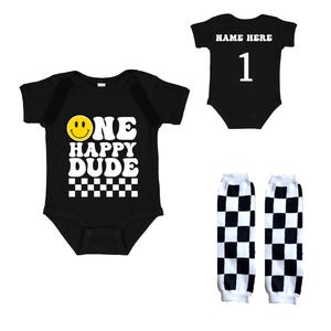 One Happy Dude Birthday Black Bodysuit FREE Matching Leg Warmers  1st Birthday Smiley Face Birthday Outfit First Birthday Outfit Baby