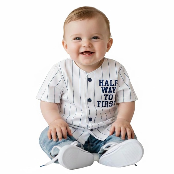 Conjunto de béisbol personalizado para medio cumpleaños: camiseta de rayas azul marino, 6 meses