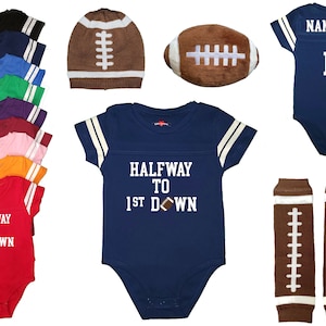 Personalized Boys Half Birthday 6 Month Halfway To 1st Down Football Jersey Outfit Bodysuit 9 Colors