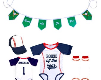 Personalized First Birthday Baseball Rookie Of The Year Custom Bodysuit Jersey Outfit